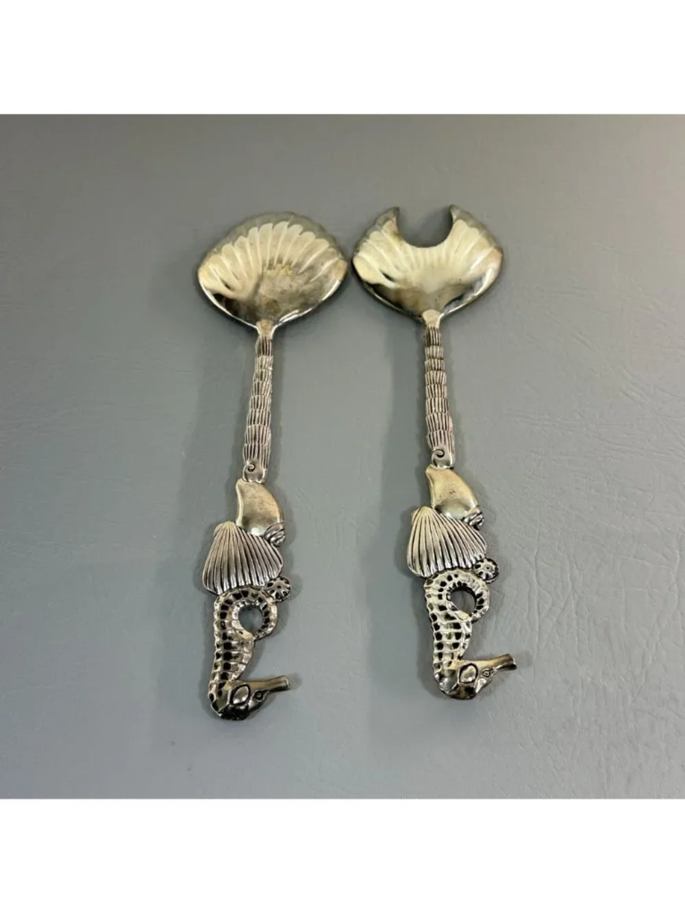 Vintage Godinger Silver Seahorse Shell Salad Serving Set Fork Spoon 11
